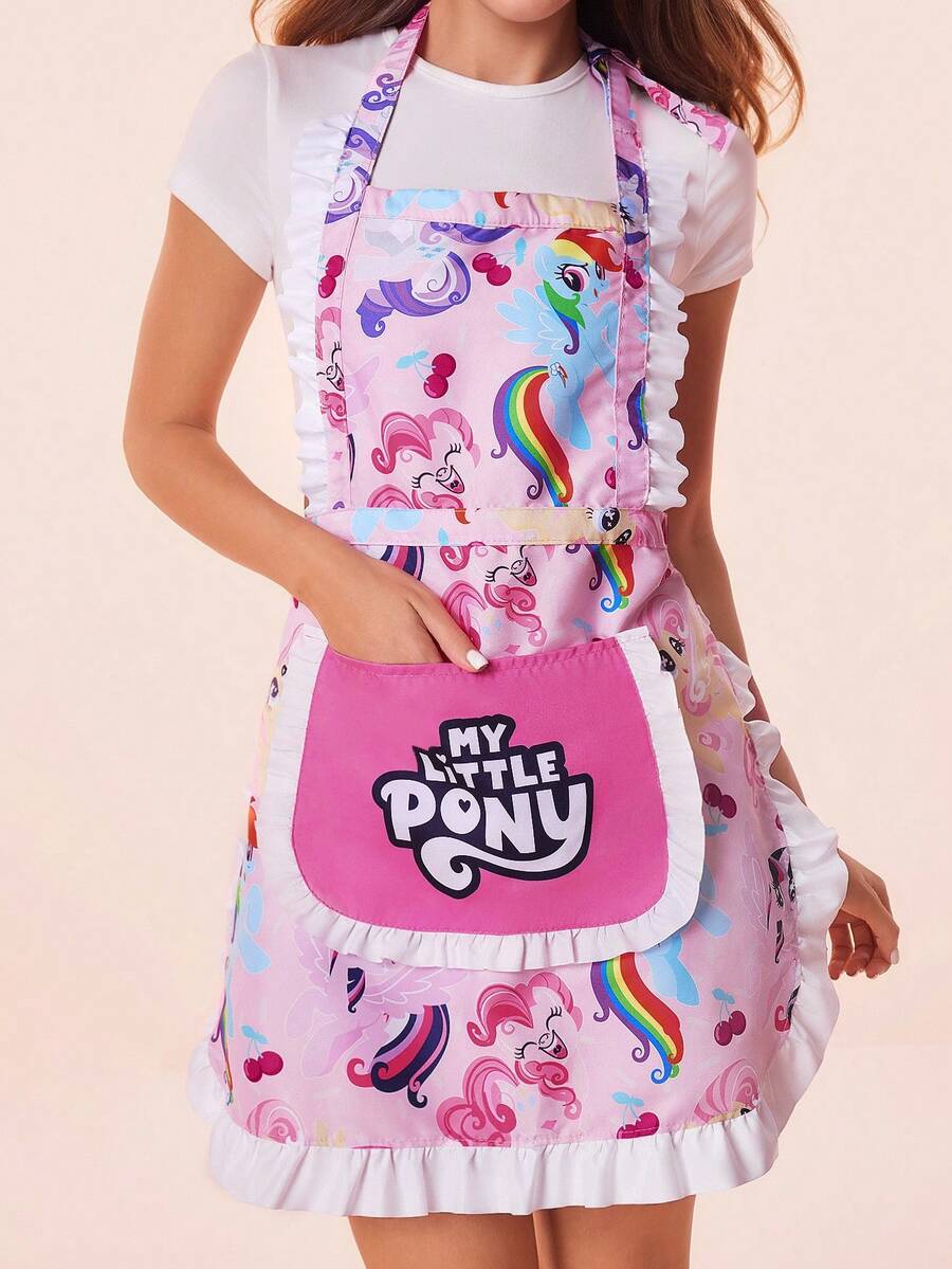 My Little Pony X SHEIN 1件可爱蕾丝印花围裙，防水防油材质，舒适柔软，厨房烘焙必备，男女皆宜，彩虹款，图案包括暮光闪闪/云宝黛西/碧琪/苹果嘉儿/柔柔/瑞瑞 - 粉色 - 查看 1