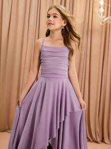 Tween Girls' Elegant Fashion Luxurious Spaghetti Strap Criss-Cross Shoulder Sleeveless High Waist Cinched Waist Flared Hem Long Asymmetrical Hem Design Solid Satin Shiny Fabric High-End Christmas, Graduation, Party, Halloween Dress - Purple - View 6