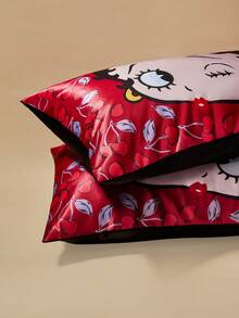 Betty Boop x SHEIN 2 Pcs Cartoon Figure Graphic Pillowcase Set, Taffeta Fabric, Comfortable & Cool, Cherry Blossom Print Red Pillow Cover, Smooth & Non-Wrinkle, Gentle On Hair & Skin, Cherry Pattern,Gift Ideas,Party,Holiday,Valentine's Day - Red - View 4