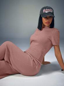 CasuGlow Women Comfy Cozy Drawstring Knit Top And Knit Short 2pcs Two Pieces Set - Dusty Pink - View 5