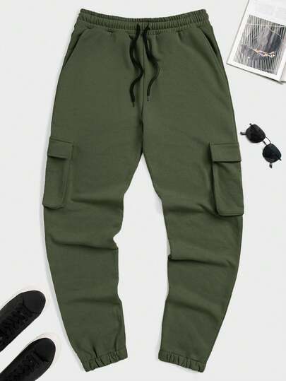RueChic Men's Solid Color Drawstring Waist Side Pockets Jogger Pants With Elastic Cuffs
