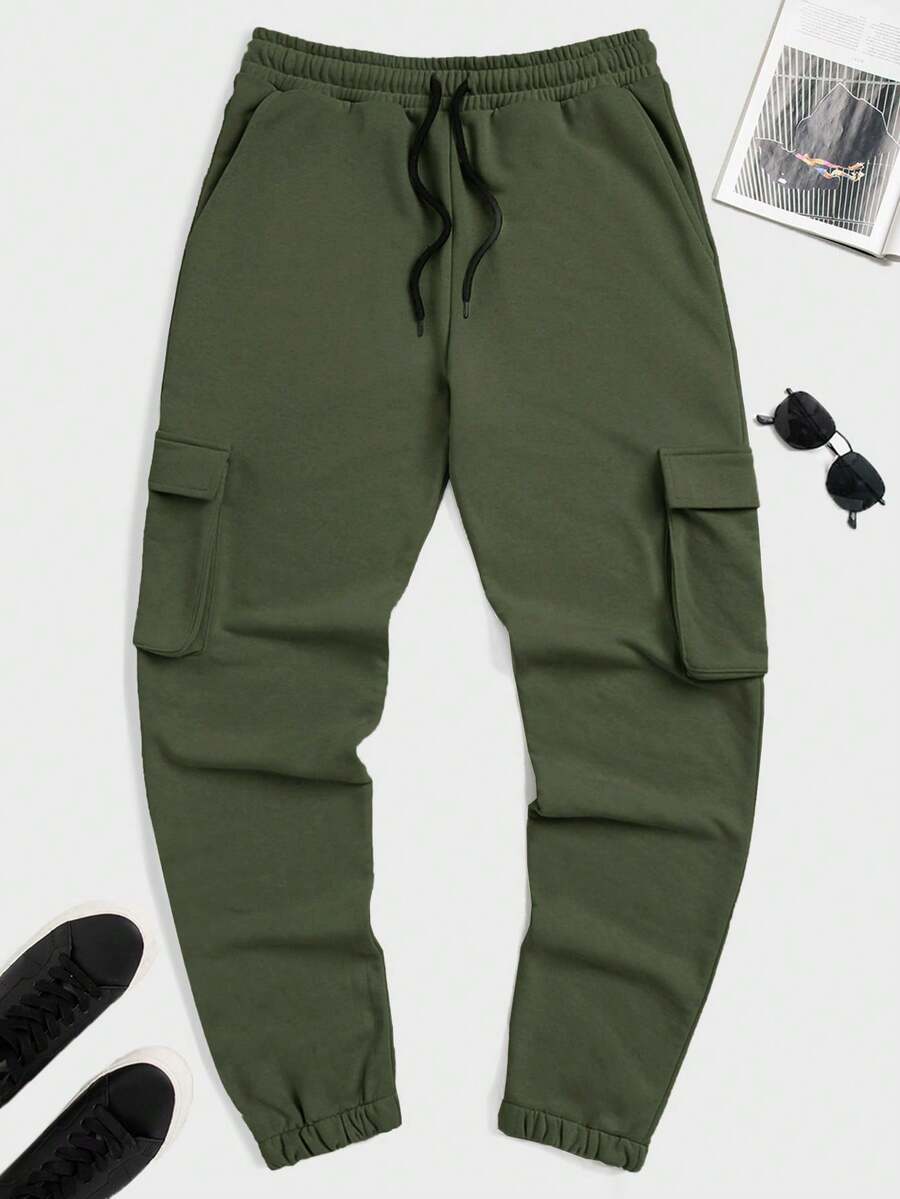 SHEIN Cottnline Men's Solid Color Drawstring Waist Side Pockets Jogger Pants With Elastic Cuffs - Dark Green - View 1