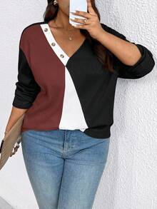 EMERY ROSE Plus Size Women Casual Textured Patchwork Long Sleeve Contrast Color T-Shirt, Suitable For Daily Wear And Vacation - Red and White - View 5