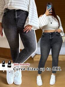 SHEIN CURVE+ Plus Size Women Pocket Skinny Casual Versatile Jeans, High-Waist Asymmetric Design Stretch Slim Denim Pants, Dark Wash, Summer, Casual, Everyday Flare Pants - Black - View 1