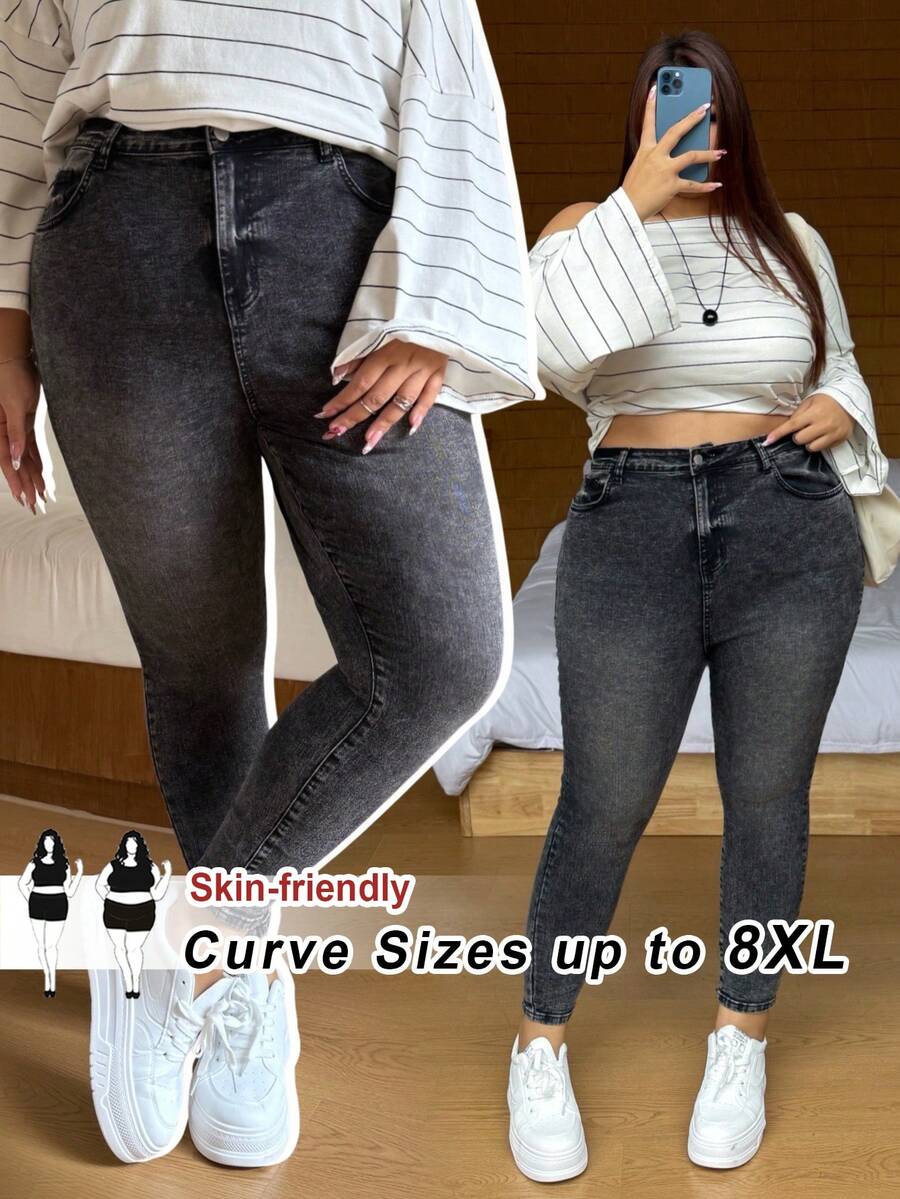 SHEIN CURVE+ Plus Size Women Pocket Skinny Casual Versatile Jeans, High-Waist Asymmetric Design Stretch Slim Denim Pants, Dark Wash, Summer, Casual, Everyday Flare Pants - Black - View 1