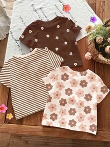 SHEIN 3件套可爱卡其色碎花系列，米白色、棕色条纹、棕色女婴休闲简约圆领短袖基础款T恤，适合所有季节日常穿着、居家、度假、假日，轻松舒适，可叠穿，时尚女婴，休闲装，儿童碎花图案服装，时尚秋季，时尚冬季，新款，清凉舒适 - 彩色 - 查看 2
