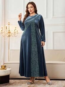 Al Najma Plus Size Women Velvet Jacquard Patchwork Elegant Minimalist Autumn/Winter Turkish Arabic Dress Kaftan Jalabiya Dress - Mint Blue - View 4