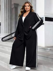 SHEIN CURVE+ 2 件套加大码套装 - 撞色丝带装饰西装外套和松紧腰口袋裤感恩节服装女装新年女装冬装女装狂欢服装新年女装冬季外套女装冬装女装运动服女装冬季套装度假两件套新年