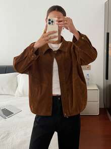 DAZY Thick Flocked Jacket Coat For Women, Loose Casual Hong Kong Style Outerwear, Autumn/Winter - Brown - View 4