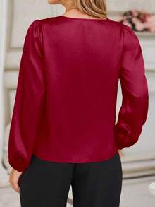 EMERY ROSE Plus Size Women's Solid Color Long Sleeve Single-Breasted Casual Shirt - Burgundy - View 2
