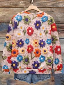 EMERY ROSE Casual Minimalist Faux Flower Print Pattern Round Neck Loose Fit Women Sweatshirt,Fall Flower Tops For Women