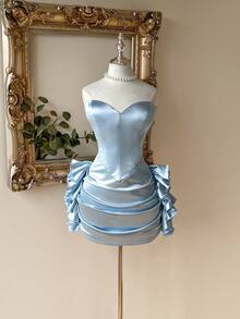 Lovelzi Elegant & Luxurious Gray-Blue Elastic Shiny Ruffle Decor Peplum Bodycon Mini Party Dress
