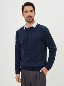 Manfinity Mode Men's Casual Cable Pattern Crew Neck Long Sleeve Sweater, Autumn/Winter - Navy Blue - View 4