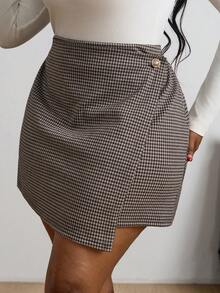 SHEIN PETITE CURVE 大码女式不对称下摆千鸟格休闲迷你裙 - 棕色 - 查看 4