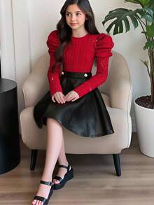 青少年女孩休闲优雅闪亮银色圆领泡泡袖罗纹针织上衣和纽扣装饰 PU 裙 2 件套，红色圣诞红，适合圣诞节、新年、日常、派对 - 酒紅色 - 查看 1