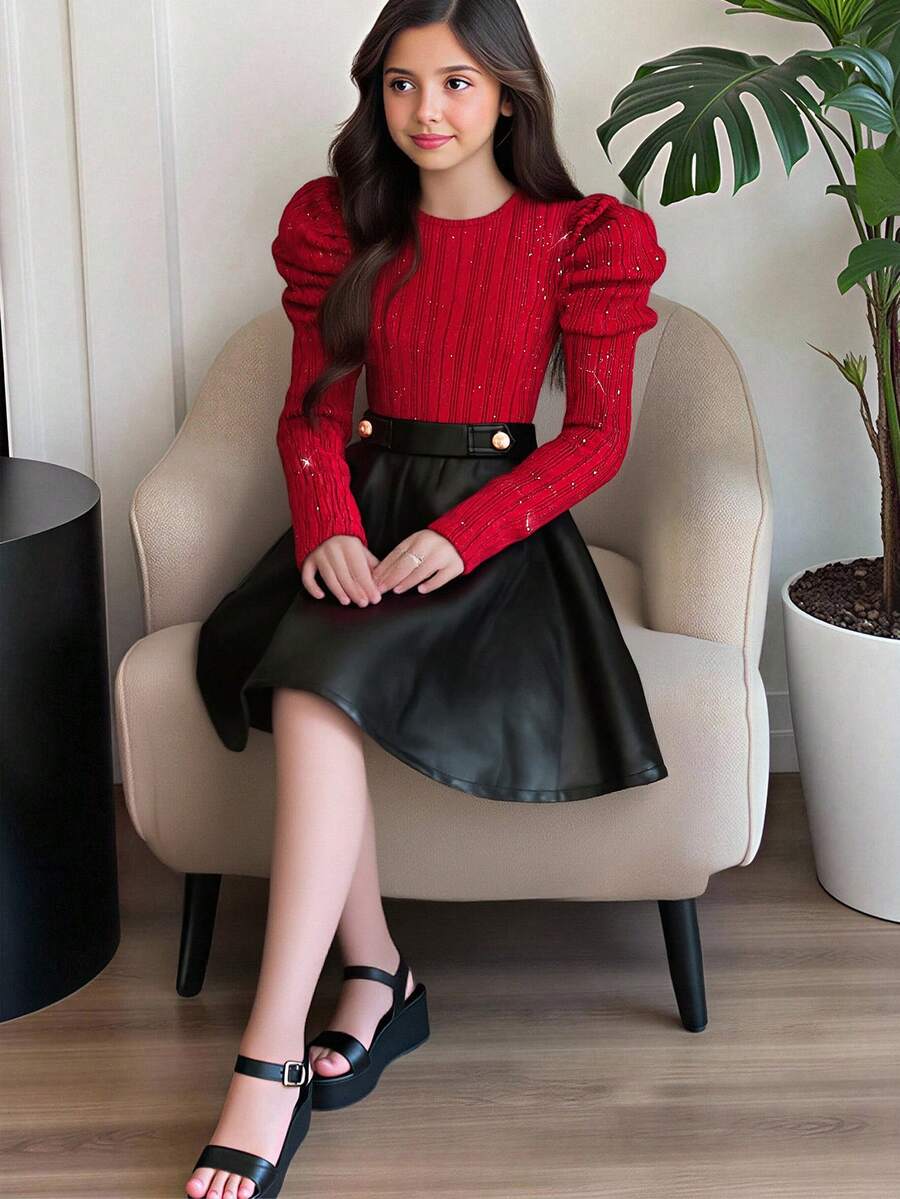 青少年女孩休闲优雅闪亮银色圆领泡泡袖罗纹针织上衣和纽扣装饰 PU 裙 2 件套,红色圣诞红,适合圣诞节、新年、日常、派对 - 酒紅色 - 查看 1