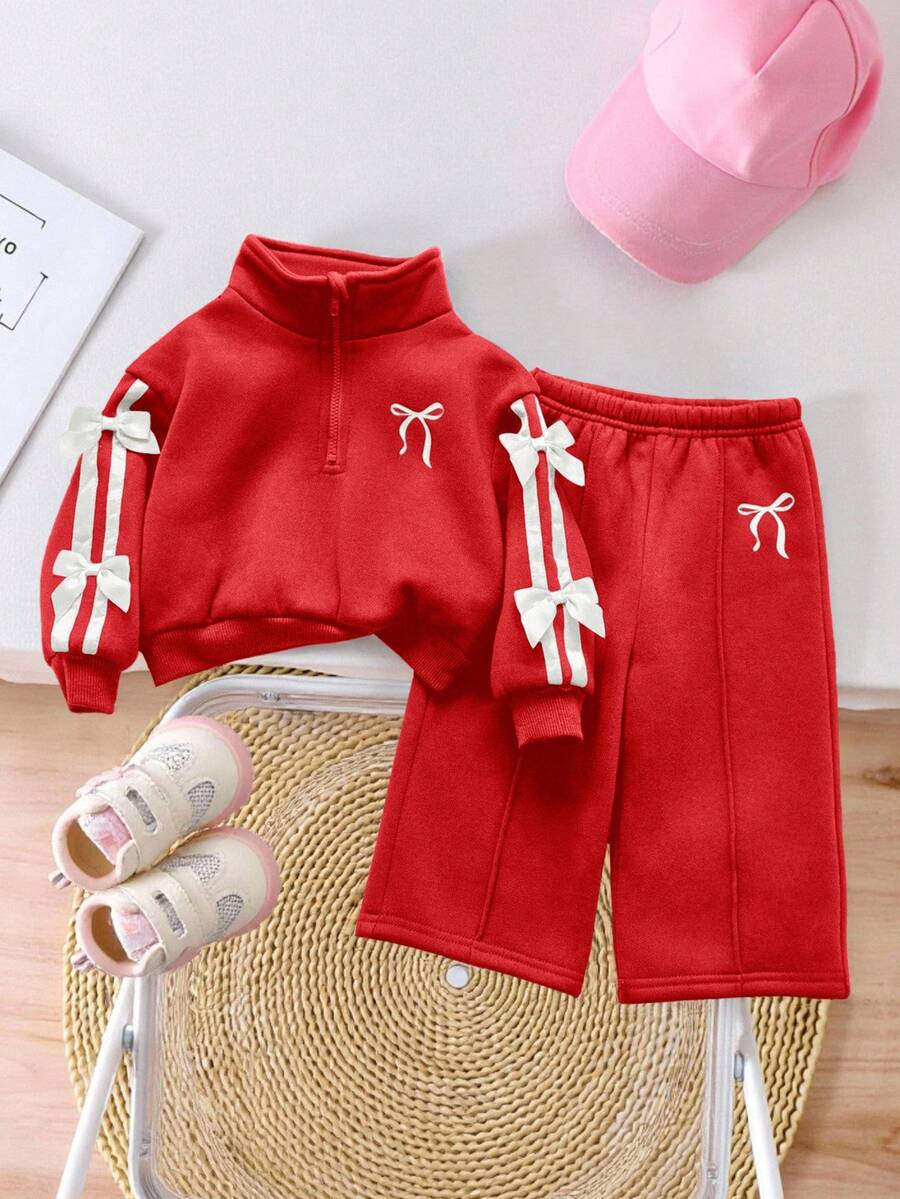 SHEIN Babygirl Cute Versatile Gray Bow Collar Sweatshirt Set, Autumn/Winter - Red - View 1