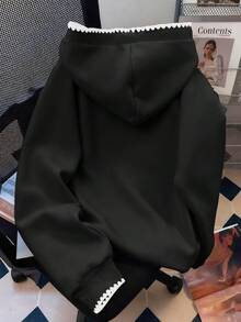 SHEIN Áo nỉ có logo ngựa Y2K, Áo nỉ thêu họa tiết Mỹ cổ điển tinh tế, Áo nỉ thời trang thu/đông độc đáo dành cho nữ - màu đen - Xem 2