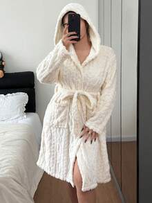 SHEIN Áo choàng dài bằng lông cừu mềm mại, ấm áp, họa tiết bông lúa mì, kiểu dáng rộng rãi, thoải mái, có mũ trùm đầu, túi và thắt lưng, dành cho nữ cỡ lớn, thích hợp cho mùa thu/đông. - Màu be - Xem 6
