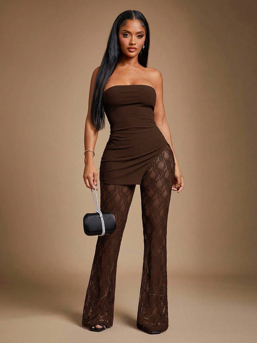 Radiana Women's Sexy & Elegant Black Lace 2-Piece Set, Includes Thick Ribbed Bandeau Top And Lace Flare Pants, High Elasticity Fabric Contouring Body, Suitable For Dates, Gatherings, Parties, Clubs, Nightlife,Spring To Summer, - Brown - View 1