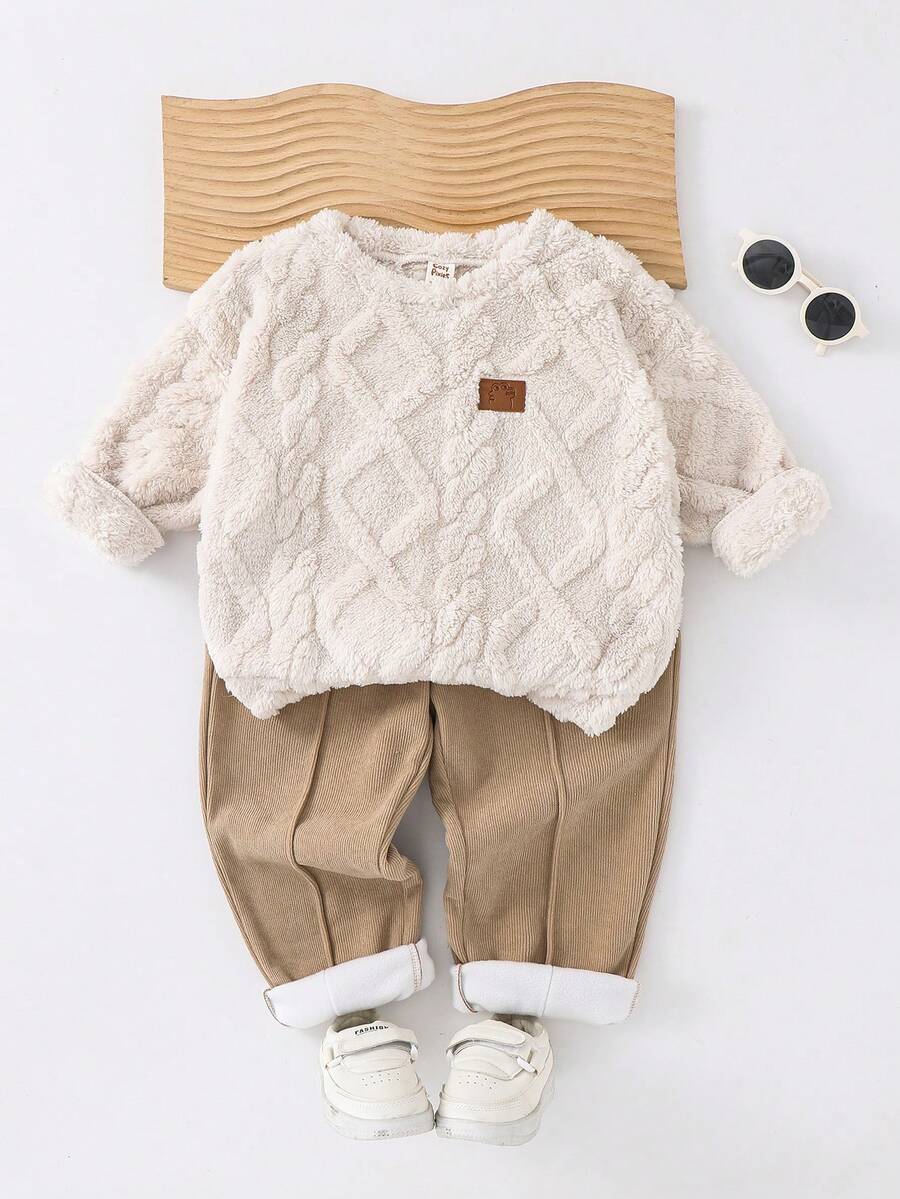 Cozy Pixies Bộ 2 món/Bộ áo nỉ dài tay cổ tròn lót nhiệt phong cách cổ điển cho bé trai và quần lưng thun, thích hợp cho Giáng sinh, Lễ tạ ơn, Mùa đông - Màu be - Xem 1