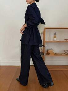 DAZY Women's Cinched Waist Waist Blazer Jacket And Straight Leg Casual Jeans Pants 2 Pieces Set - Dark Wash - View 5