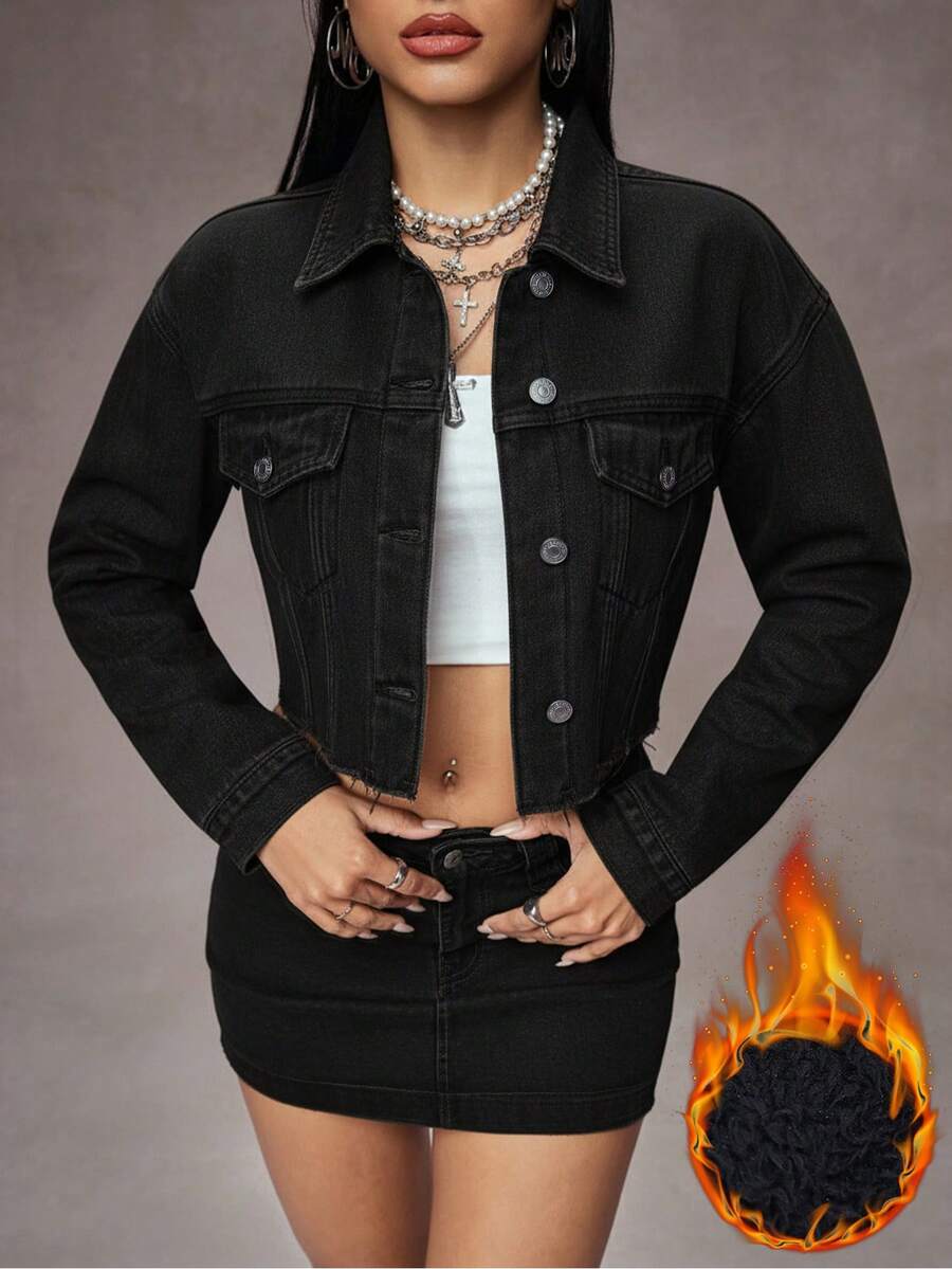 SHEIN ICON Washed Distressed Short Drop Shoulder Long Sleeve Button Front Denim Jacket - Black - View 1