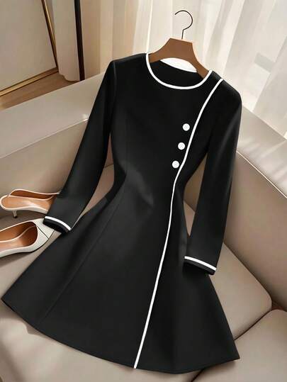 INAWLY 休闲优雅通勤拼色圆领长袖女式连衣裙