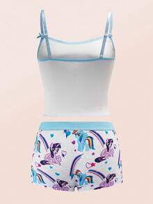 My Little Pony X SHEIN 女士可爱卡通字母和彩虹印花撞色蝴蝶结装饰文胸和平角裤套装 - 藍白色 - 查看 2