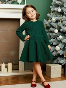 Young Girls A-Line High Collar Knitted Dress Girl Clothes Autumn Girls Dark Green Dress Girls Sweater Dress Winter Clothes Green Toddler Dress Christmas Girls Dress Girls Green Dress Girls Cable Knit Dress - Green - View 9