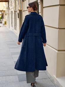 EURMUSE Maxi Cardigan With Belt Outwear Jacket Fall Winter - Navy Blue - View 2