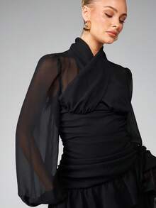 MISSGUIDED Halter Neck Long Sleeve Mini Dress With Tiered Ruffle Details And Sheer Chiffon Fabric For Party Evening Occasions - Black - View 5