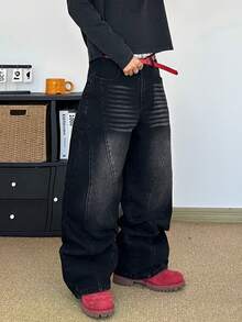 STEELVANCE Quần jean ống rộng giặt thường ngày thêu hình trái tim và ngôi sao LOVEYOU dành cho nam - màu đen - Xem 4