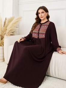 Lacomfia Damen Rundhals Langarm Locker Plissee Lässig Retro Muster Patchwork Komfortable Herbst/Winter Große Größen Kleid