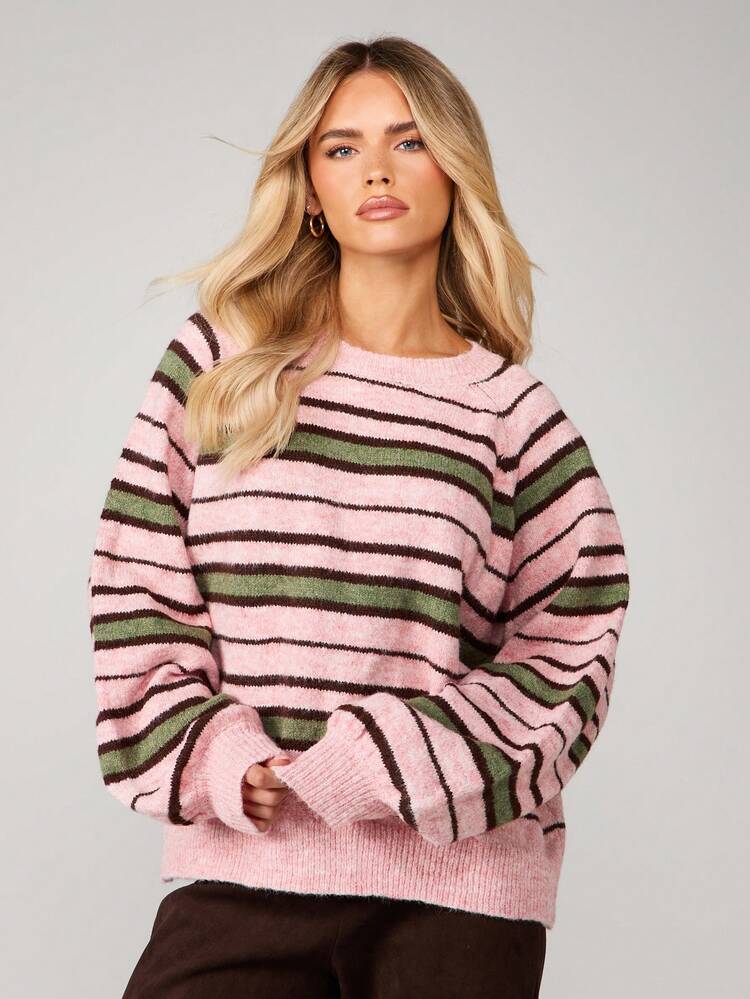 MISSGUIDED Fluffy Knitted Striped Sweater With Long Sleeves For Fall Winter Casual Wear