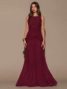 SHEIN BAE Đầm Maxi Không Tay Cổ Tròn, Thắt Lưng Xoắn Màu Đỏ Burgundy Cho Nữ, Đầm Dài Thanh Lịch, Sang Trọng, Thích Hợp Cho Ngày Lễ Tình Nhân, Tiệc Tùng, Hẹn Hò Lãng Mạn, Phù Dâu, Sinh Nhật, Giáng Sinh - Màu Đỏ Sâu - Xem 3