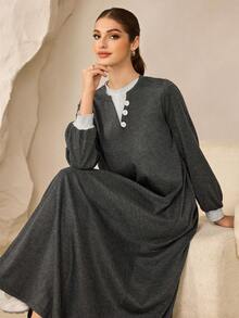 SHEIN Najma Round Neck Contrast Color Button Decor Knit Long Sleeve Flared Arabic Style Dress - Dark Grey - View 3