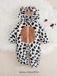 Cozy Pixies Bộ áo liền quần dài tay có mũ, lót giữ nhiệt, họa tiết bò sữa cho bé trai. - Đen và trắng - Xem 8