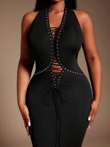 Radiana Plus Size Women's Sexy Deep V Eyelet Lace-Up Bodycon Fishtail Dress, Suitable For Street Style, Going Out, Party, Rave Sexy Curve Dress Slay Diva Dress Hollow Out Black Dress,Suitable For Hip-Hop,Leisure,Street Style,Western Wear,Music Festival,Vintage,Minimalism,Concert,Carnival Party,Resort,Outing,Vacation,Holiday,Date Night,Gathering,Birthday,Bachelorette Party Outfit,Gyaru,Break,Rave,Modest,Chic,Club,Cute,Casul,Shopping, Streetwear,Going Out,Y2K,Y3K,Coquette - Black - View 8