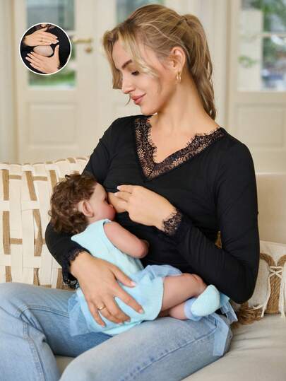 SHEIN Pregnant Women's Contrast Lace V-Neck Long Sleeve Fashionable Nursing Top Lingerie Lingerie Set Underwear Women Pajama Pajama Dress Loungewear Nightgown Robe Sleepwear Sleepwear Set Tank Top With Bra