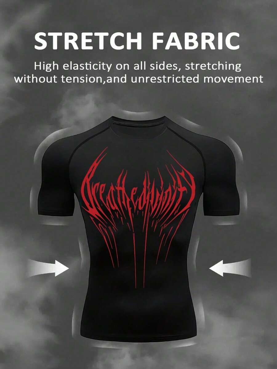 Manfinity Sport Corelite Men's Letter Print Round Neck Raglan Short Sleeve Sporty T-Shirt Workout Clothes Running Tees & Tanks Workout Tops Gym Top Compression Shirt Breathable Fitted Shirt Crew Neck Compression Shirt Men - Black - View 1