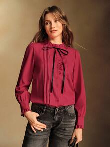 Écloséra 女式长袖褶皱荷叶边系带衬衫，优雅的春秋季女式衬衫 - 酒紅色 - 查看 4