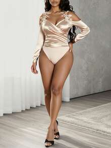 VaVaBold Women's Guipure Lace Patchwork Ruched Open-Shoulder Bodysuit Fall Cloth For Women - Apricot - View 2