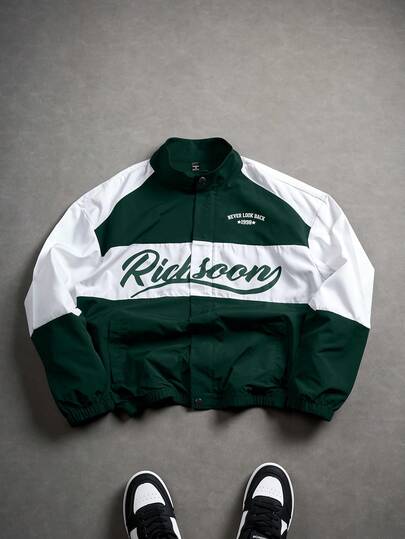 PAVTROS Men's Casual Everyday Contrast Color Letter Pattern Stand Collar Jacket Race Car Jacket Custom Jacket Wind Breaker Windbreaker Track Jacket