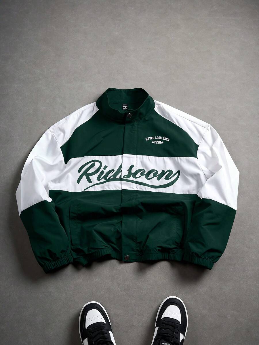 PAVTROS Men's Casual Everyday Contrast Color Letter Pattern Stand Collar Jacket Race Car Jacket Custom Jacket Wind Breaker Windbreaker Track Jacket - Multicolor - View 1