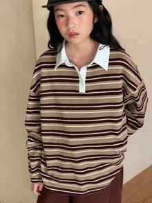 Dazy Kids 少女秋季服装翻领条纹撞色长袖T恤，春季 - 棕色 - 查看 6