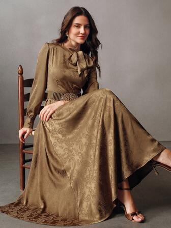 Anewsta Elegant Commuter Tie-Up Khaki Long Sleeve Satin Dress For Women