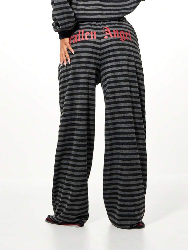 SUMWON WOMEN Oversized Wide Leg Striped Joggers With Text Print