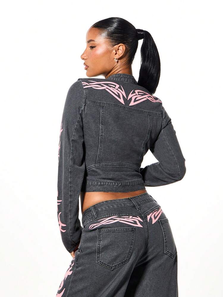 SUMWON WOMEN Flame Tattoo Print Cropped Denim Jacket