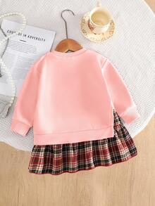 SHEIN Playful Pals 女婴休闲长袖卫衣，格子裙摆拼接设计，罗纹圆领连衣裙，适合外出、休闲穿着、度假，粉色拼接格子连衣裙，学院风连衣裙